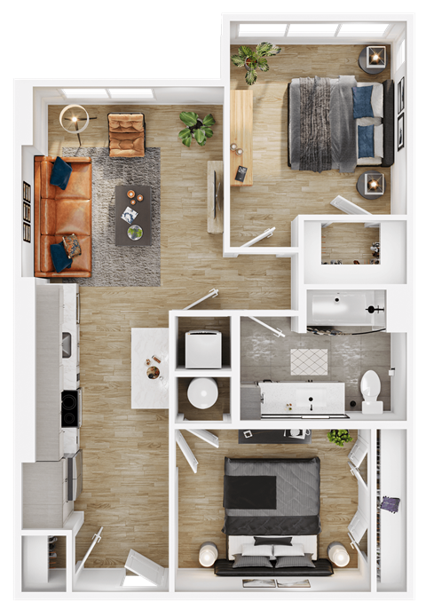 Floor plan for 2 beds, 1 bath, 851 sqft